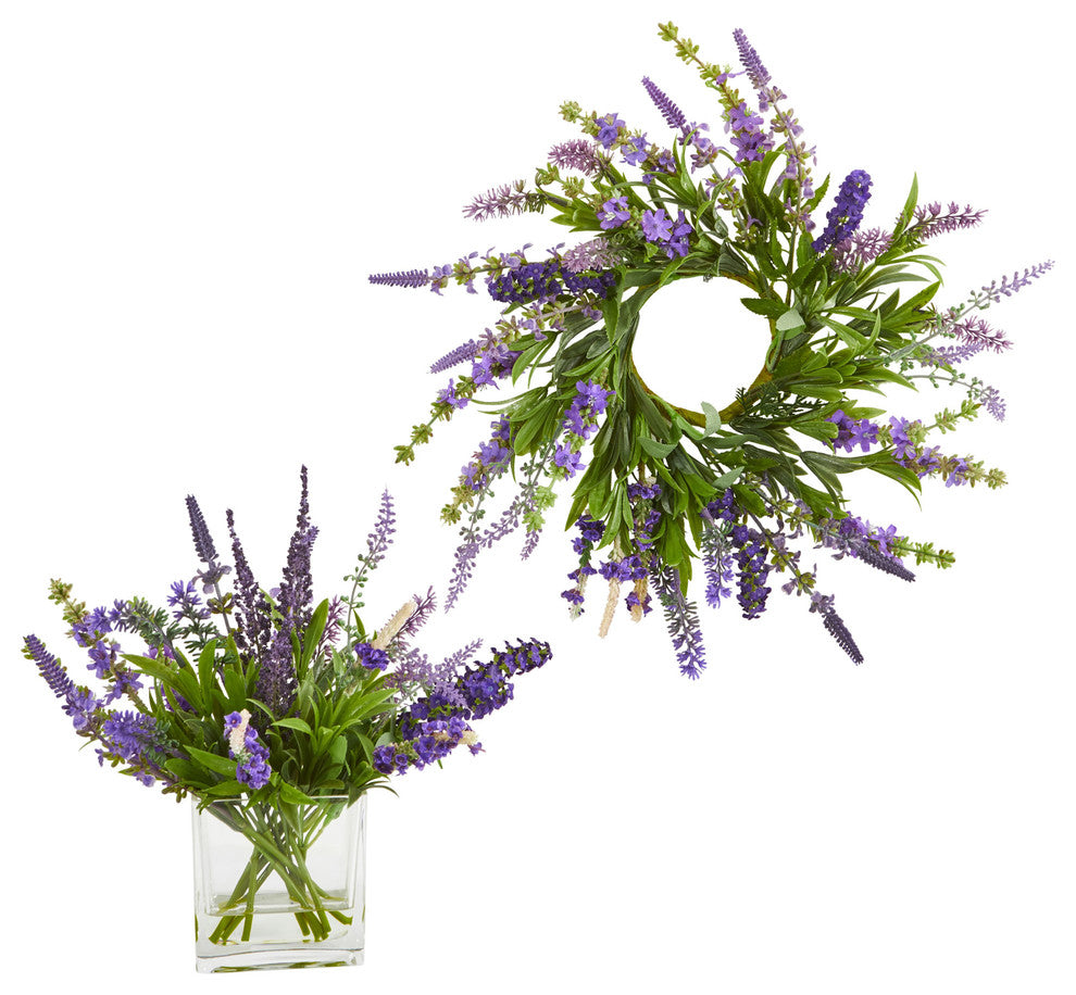12" Lavender Arrangement and 14" Lavender Wreath, 2-Piece Set