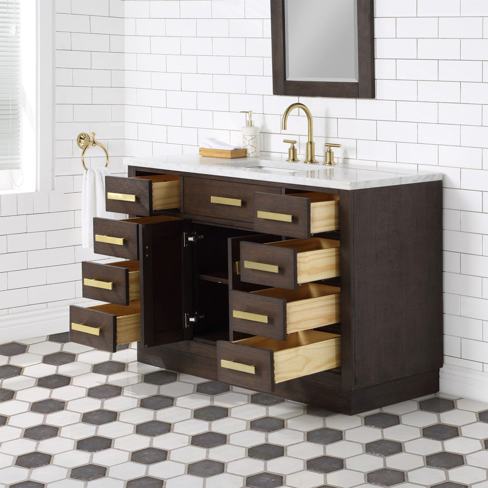Chestnut 48" Bath Vanity, Brown Oak, Mirror, Satin Gold Hardware