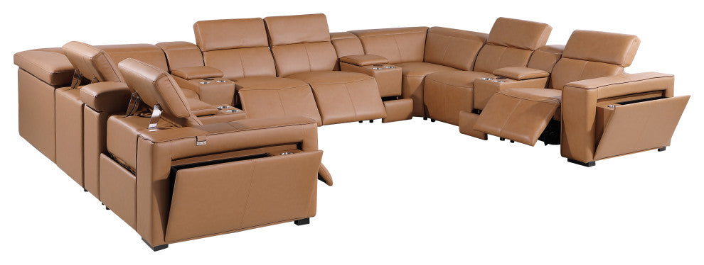 Niccolo Italian Leather 12-Piece U-Shaped 4 Power Reclining Sectional, Cognac
