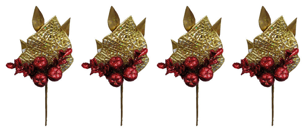 4 Pieces 9" Glitter Apple and Tea Leave Christmas Pick, Red