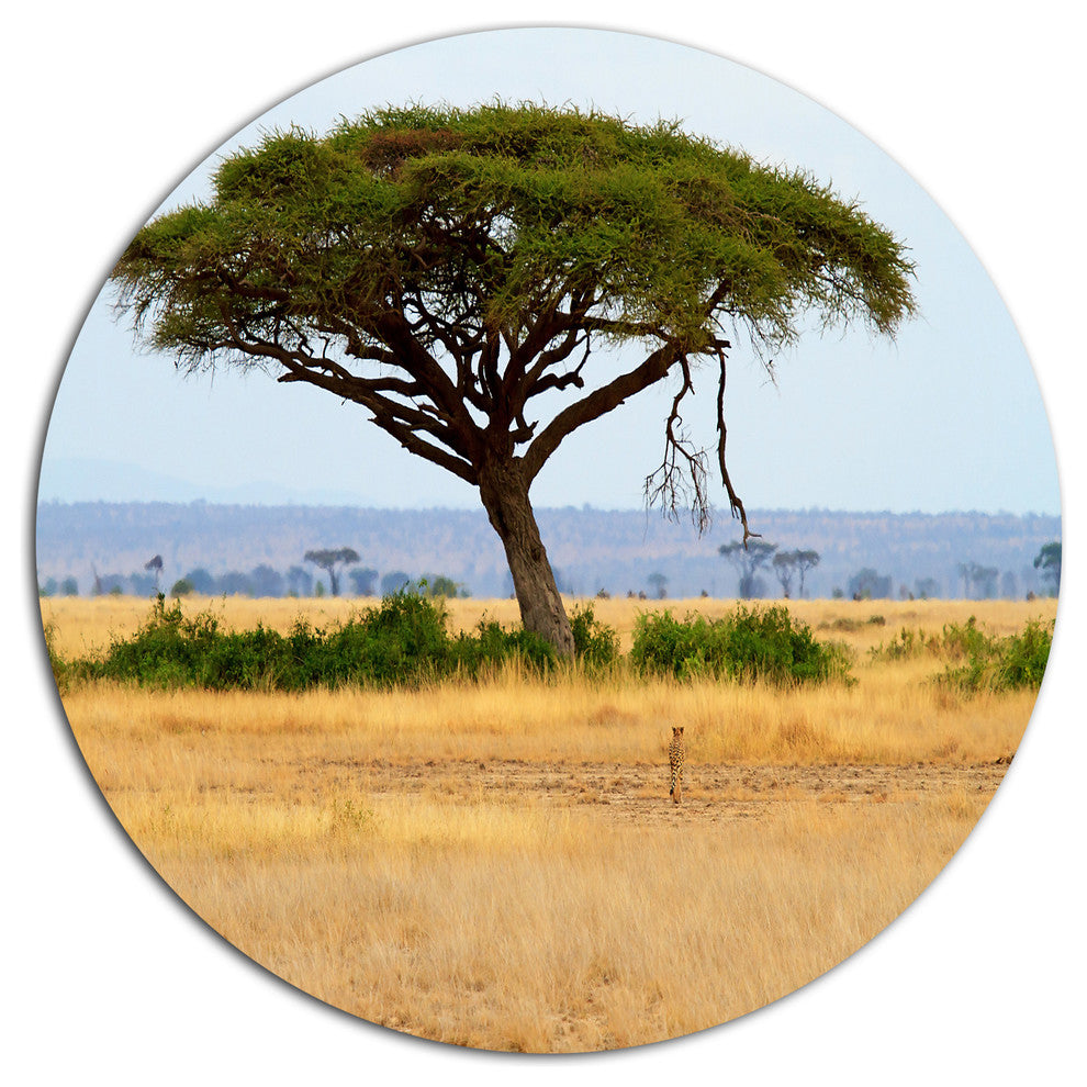 Acadia Tree And Cheetah In Africa, African Circle Metal Wall Art, 23"
