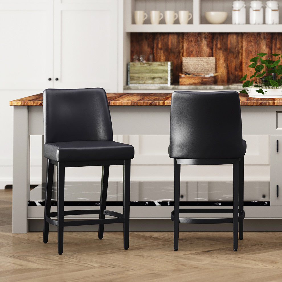Modern Faux Leather and Metal 26" Counter Stool, Set of 2, Black