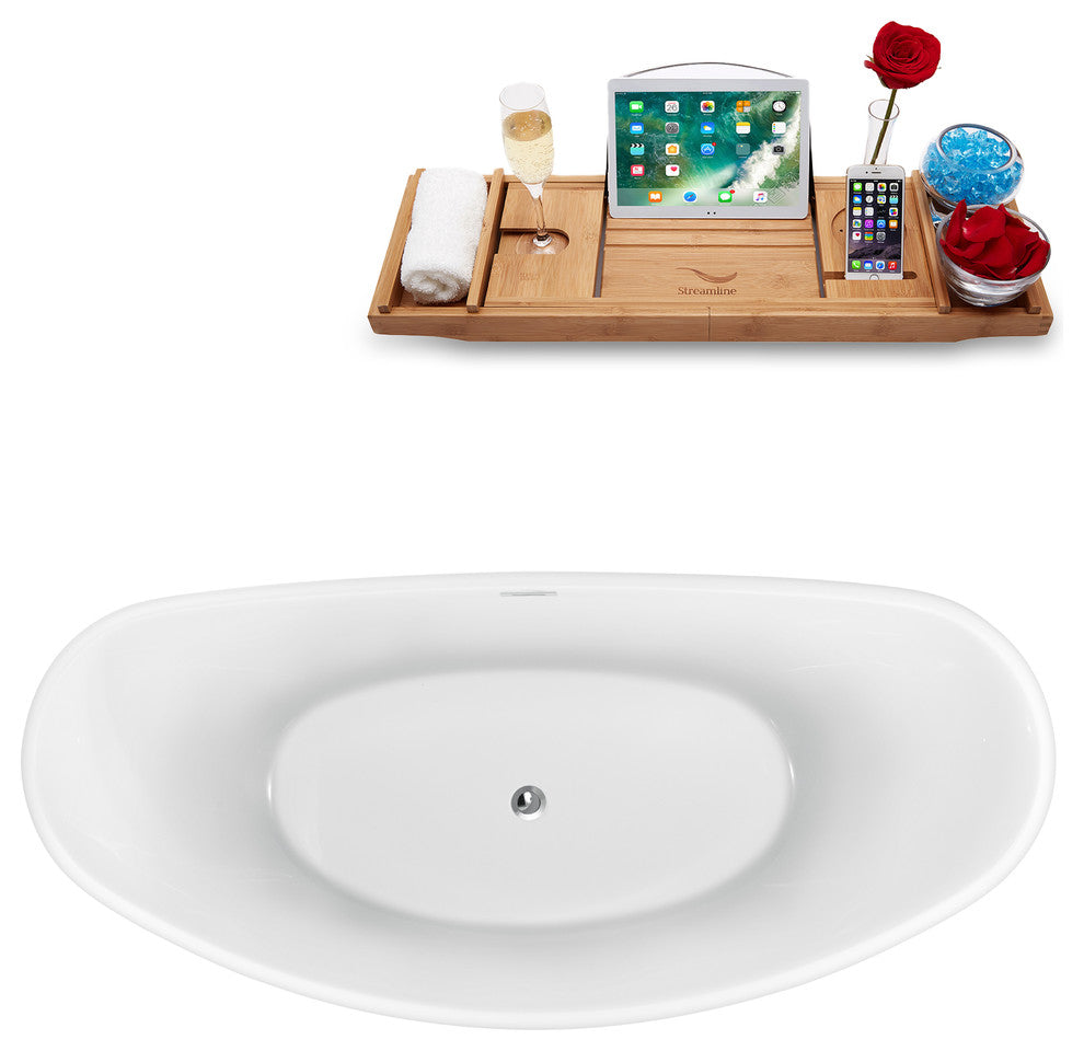 75" White Freestanding Tub and Tray With Internal Drain, Oval Shaped