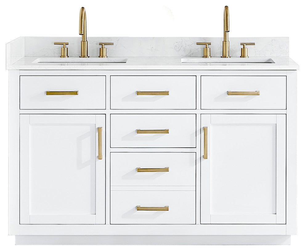 Gavino Vanity With Grain White Composite Stone Top, White/Brushed Gold, 54", No Mirror