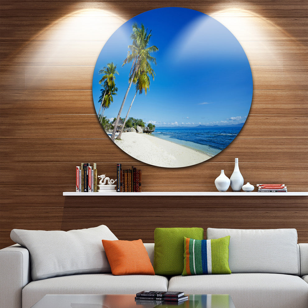 Palms Bent To Beautiful Vacation Beach, Seascape Round Artwork, 11"