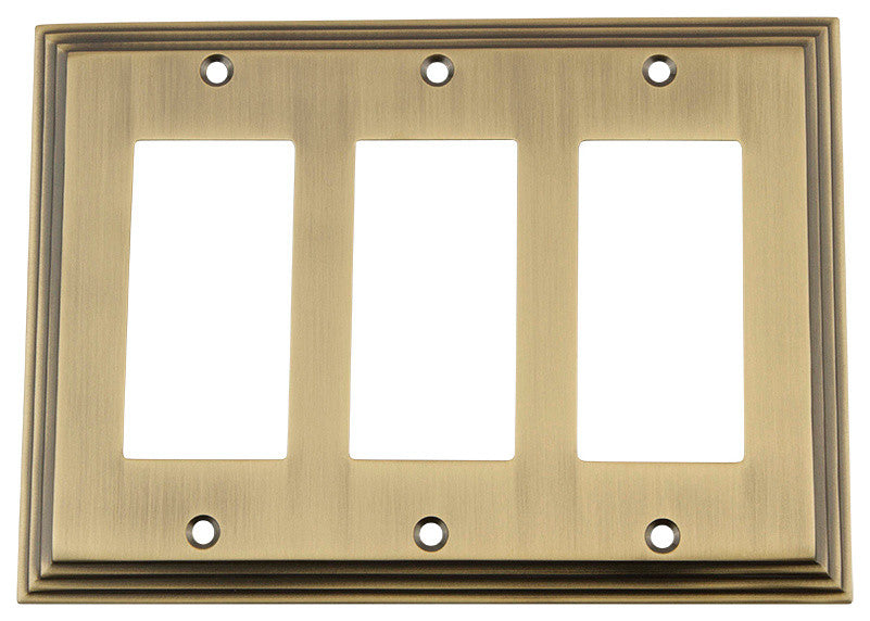 NW Deco Switch Plate With Triple Rocker, Antique Brass