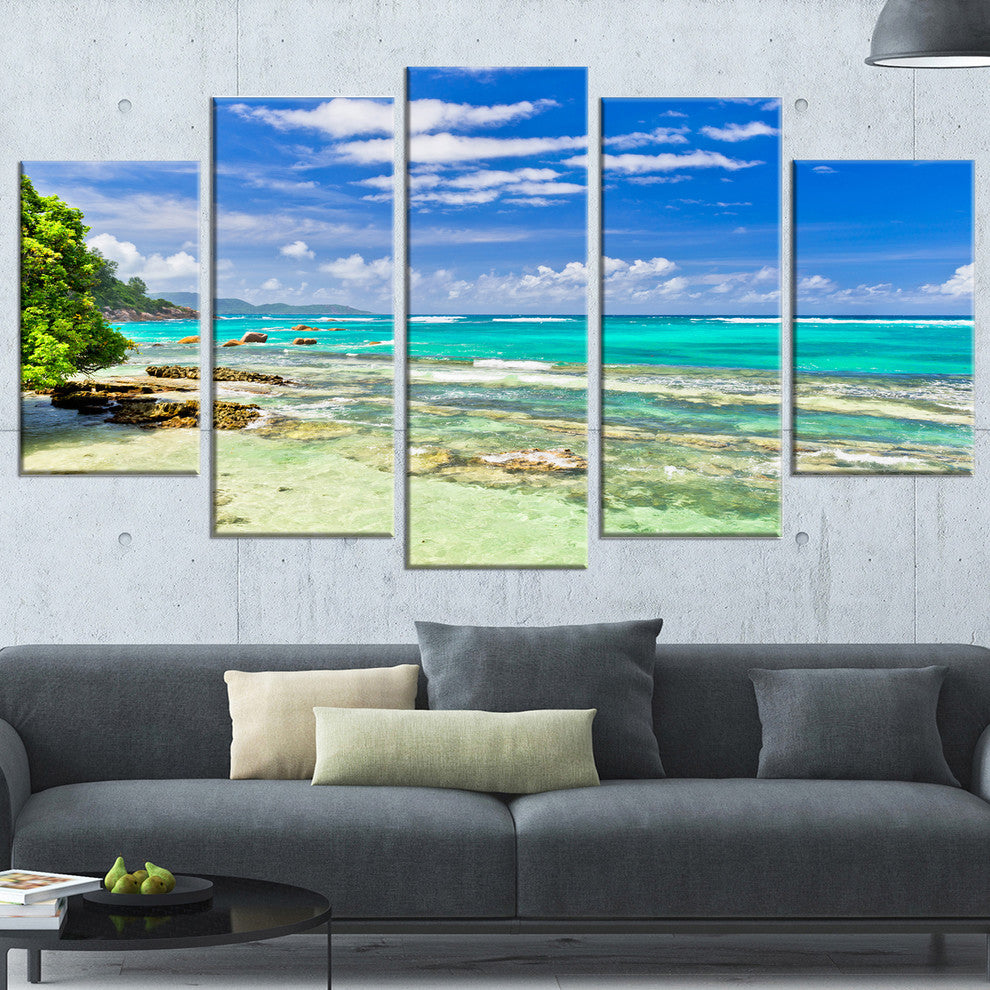 "Tranquil Seychelles Tropical Beach" Modern Seascape Wall Art, 5 Panels, 60"x32"