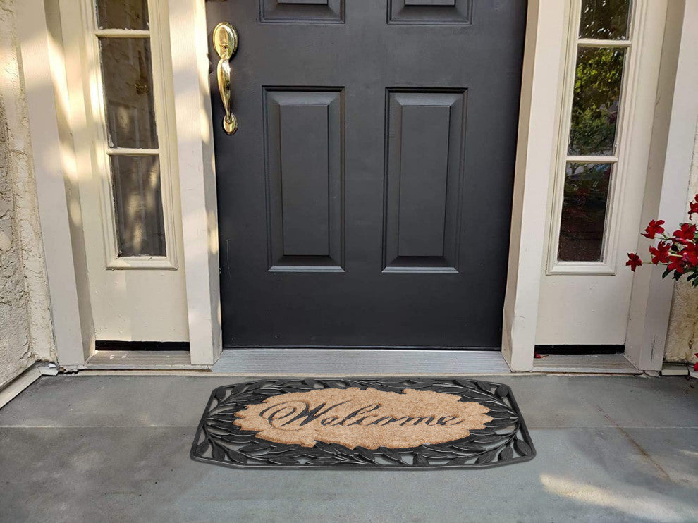 A1HC Welcome Stylish Leaf Border Rubber and Coir Outdoor Doormat, 23"x38", Black