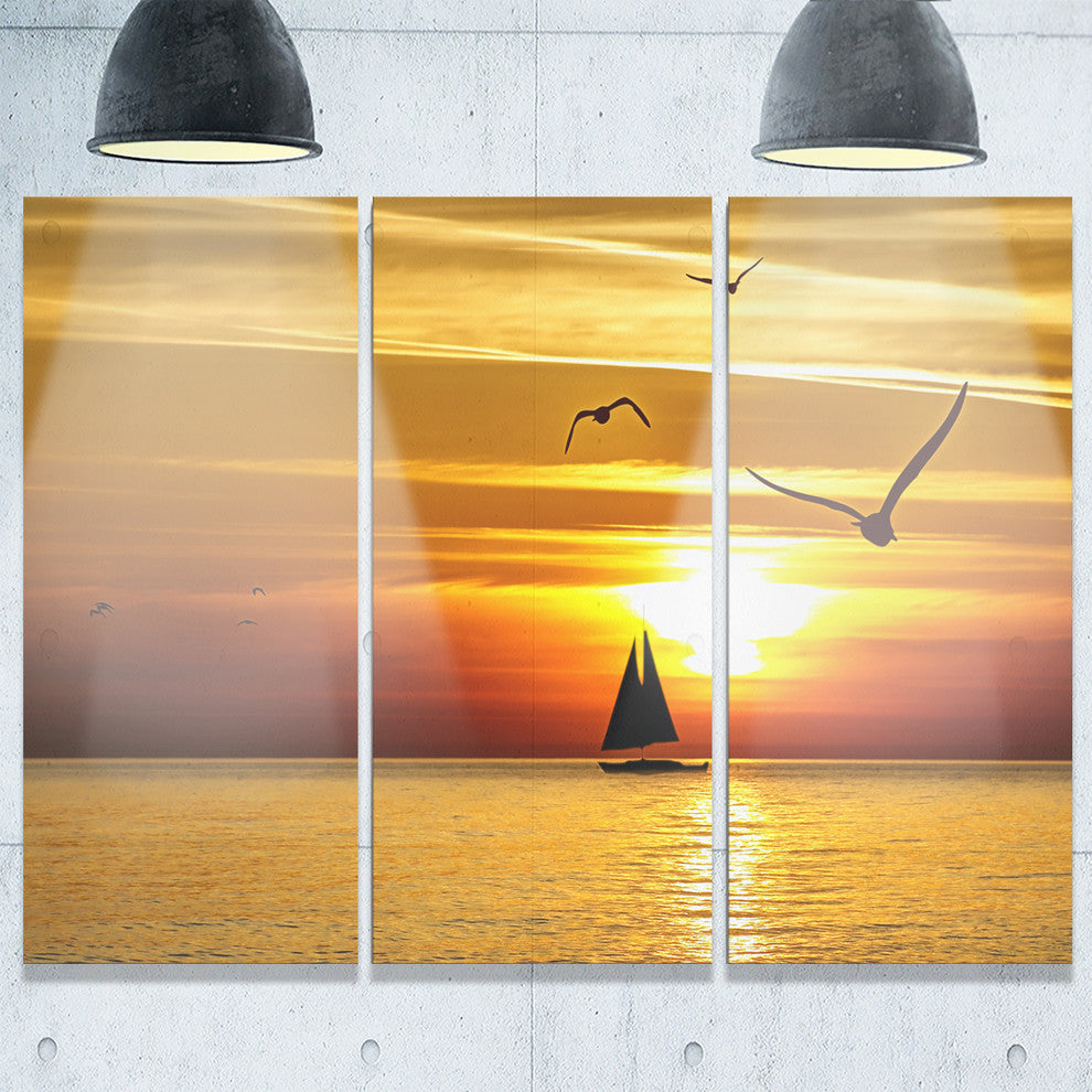 "Bright Yellow Beach With Birds" Metal Wall Art, 3 Panels, 36"x28"
