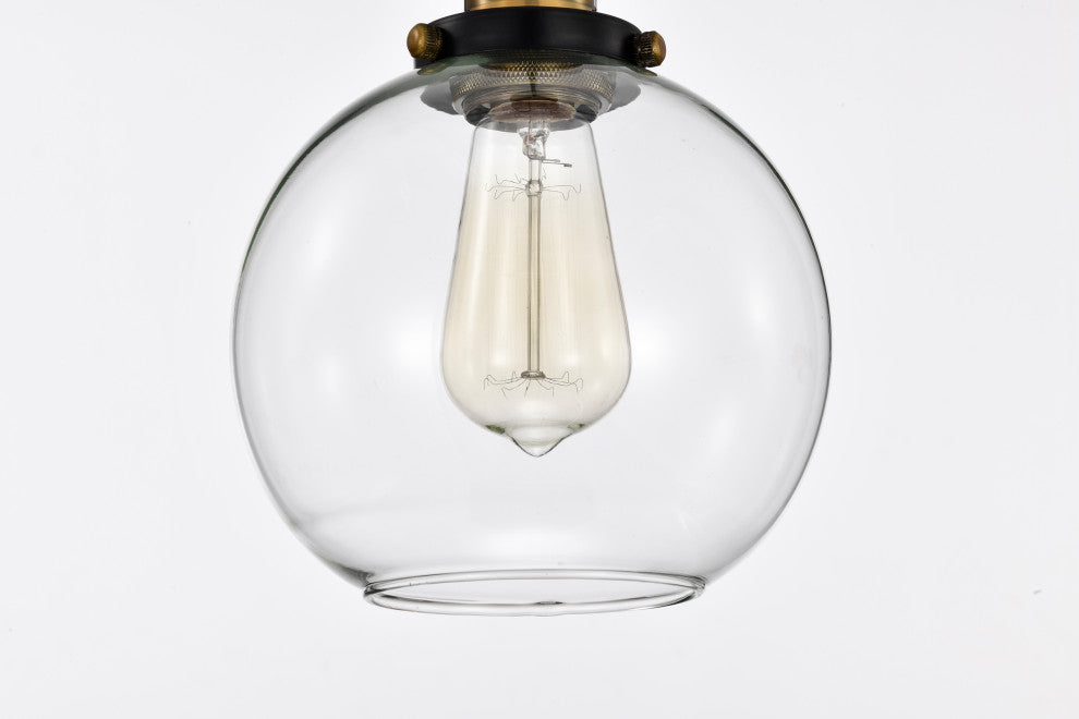 1-Light Black and Antique Brass Mini Pendant Light With Clear Globe Glass Shade