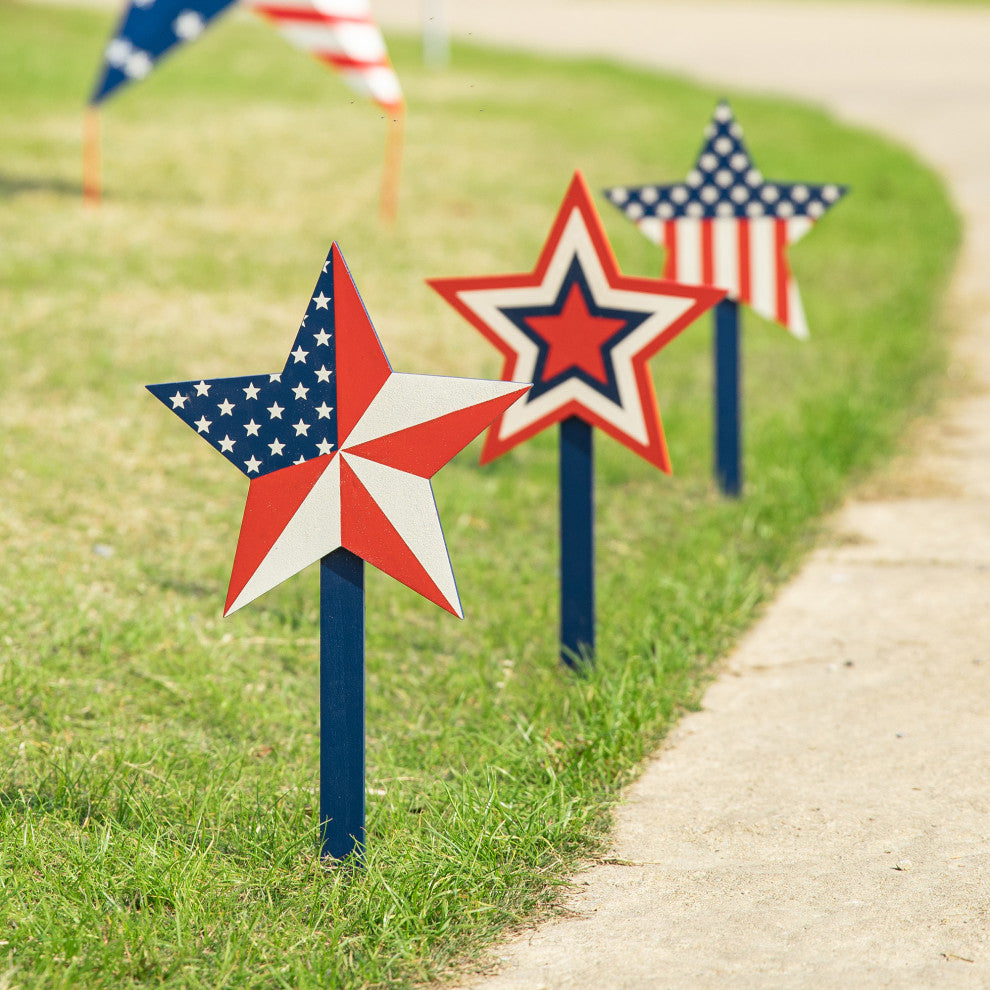Wooden Patriotic Star Yard Stake, Set of 3