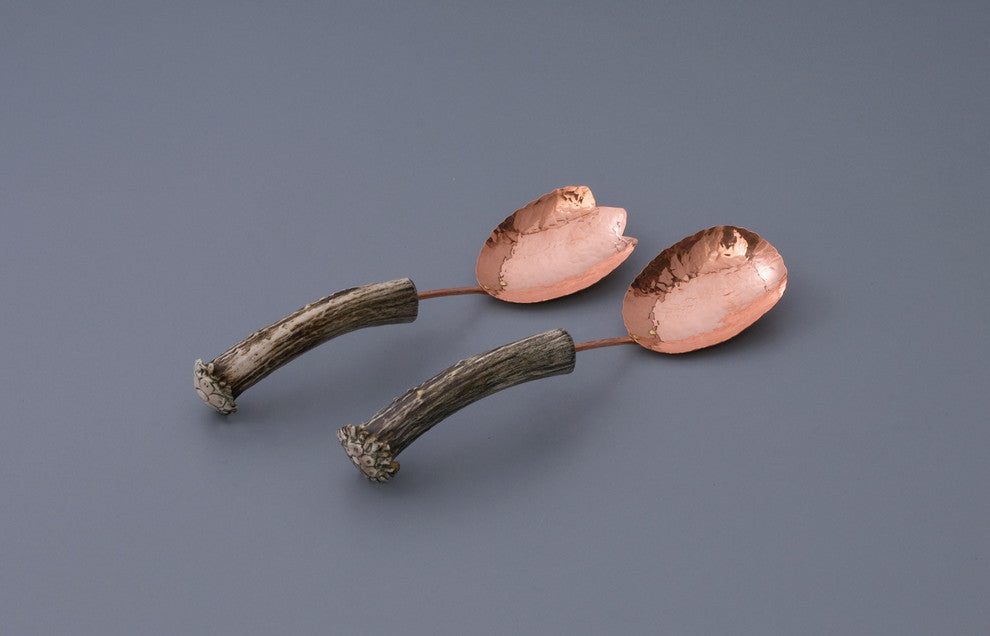 Medium Spoon Salad Set, Copper, Burr Antler Handle