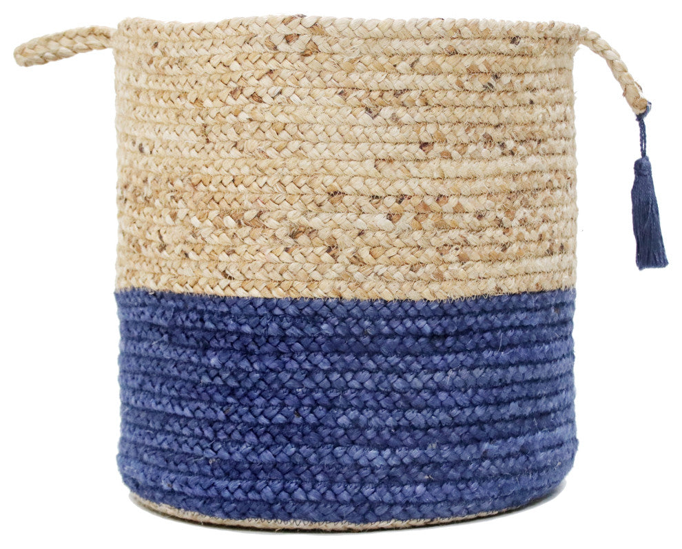 Two-Tone Natural Jute Woven Decorative Basket with Handles, Sapphire Blue, 17"