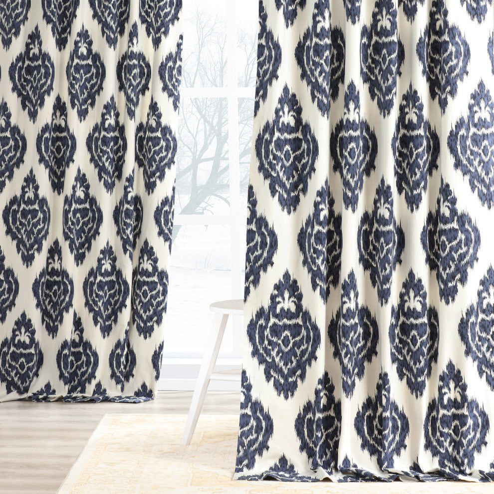 Ikat Blue Printed Cotton Curtain Single Panel, 50"x108"
