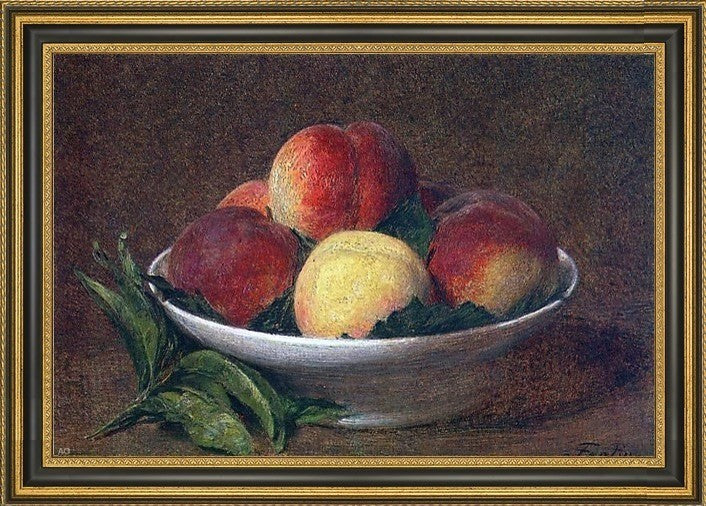 Henri FantinLatour Peaches in a Bowl Framed Premium Canvas Print, 16"x24"