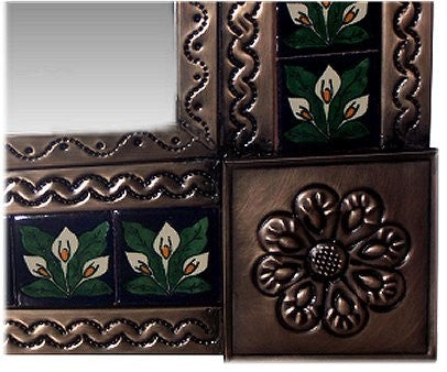Medium Brown Three-lily Tile Talavera Tin Mirror