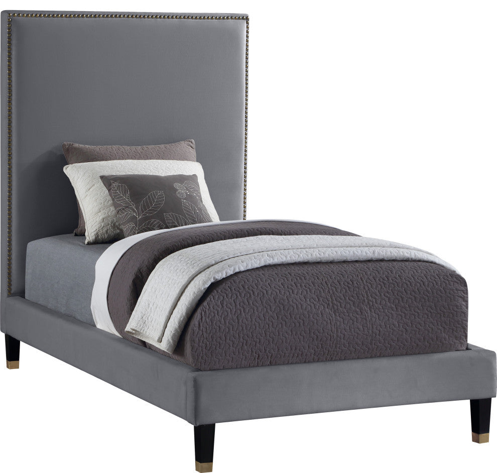 Harlie Velvet Upholstered Bed, Gray, Twin