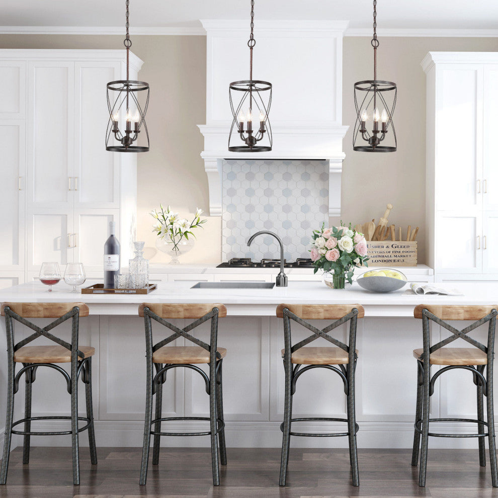 3-Light Farmhouse Chandelier, Metal Cage Foyer Pendant Light