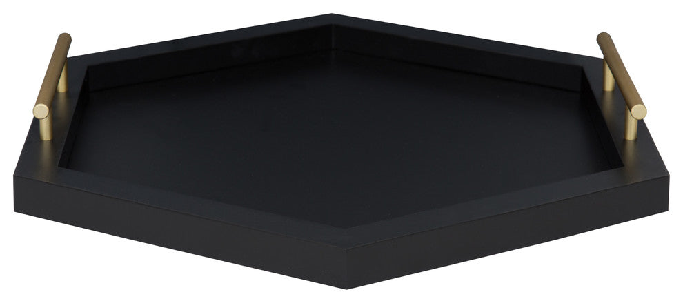 Halsey Hexagon Decorative Wood Tray With Polished Metal Handles, Black