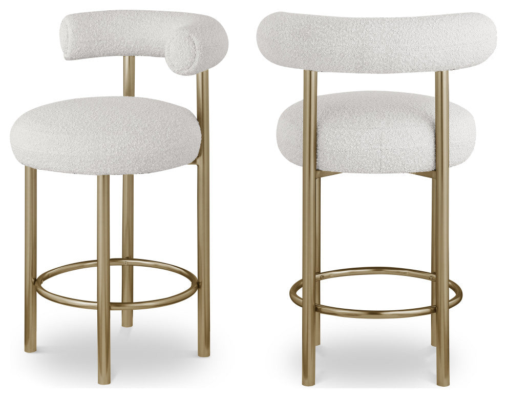 Bordeaux Upholstered Stool, Cream, Boucle Fabric, Brushed Brass, Set of 2