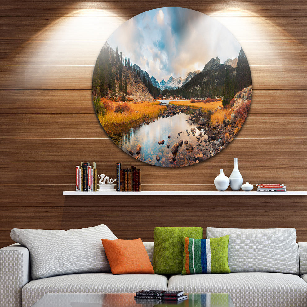 Rocky Lake Sunset Panorama, Modern Seashore Disc Metal Wall Art, 11"