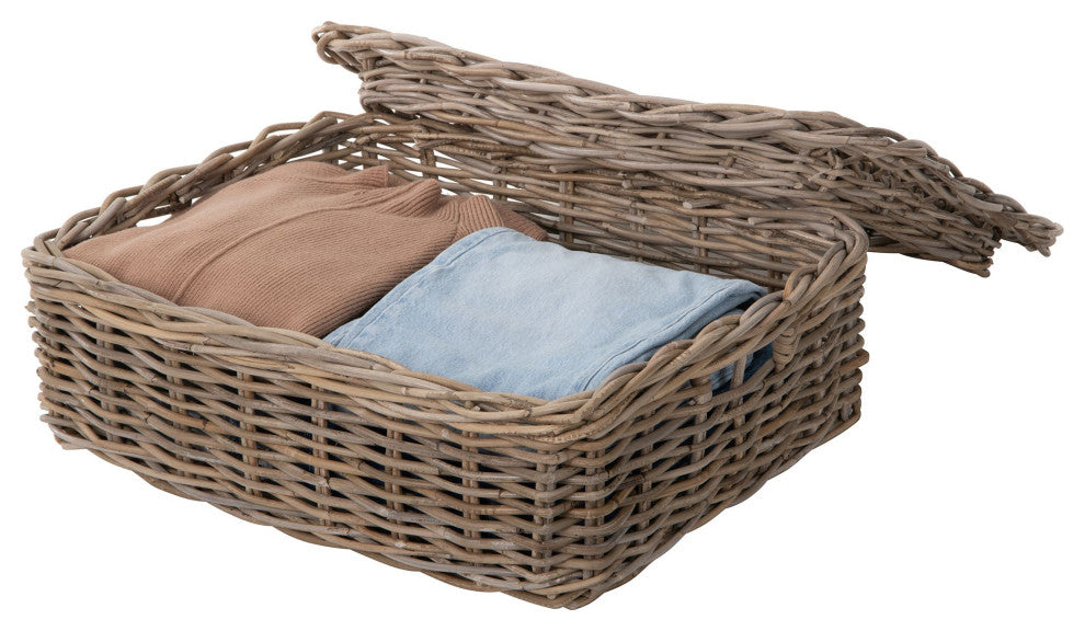 Kobo Rattan Rectangular Lidded Storage and Underbed Basket, 3 Sizes, Medium