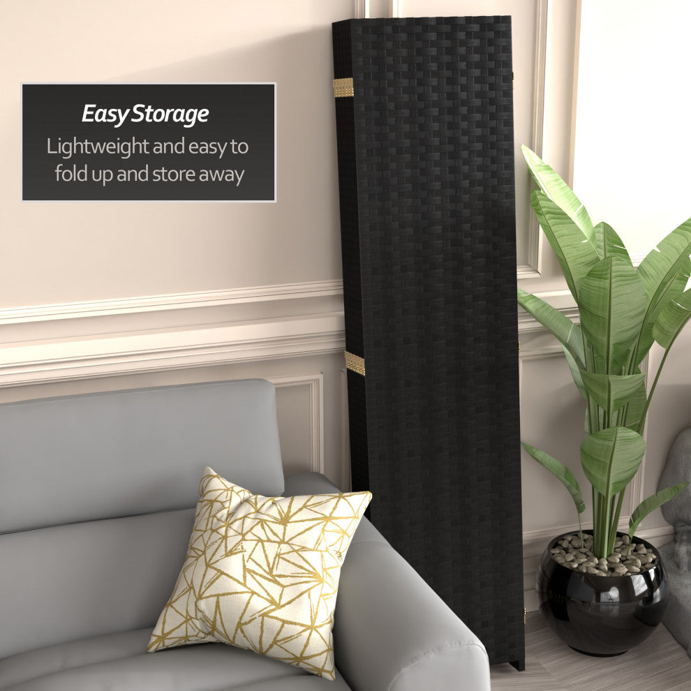 6' Tall Woven Fiber Room Divider, 6 Panel, Black
