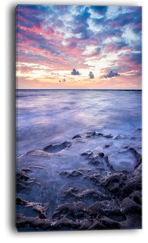 "Long Exposure Twilight Sea Rocks" Beach Canvas Wall Art, 16"x32"