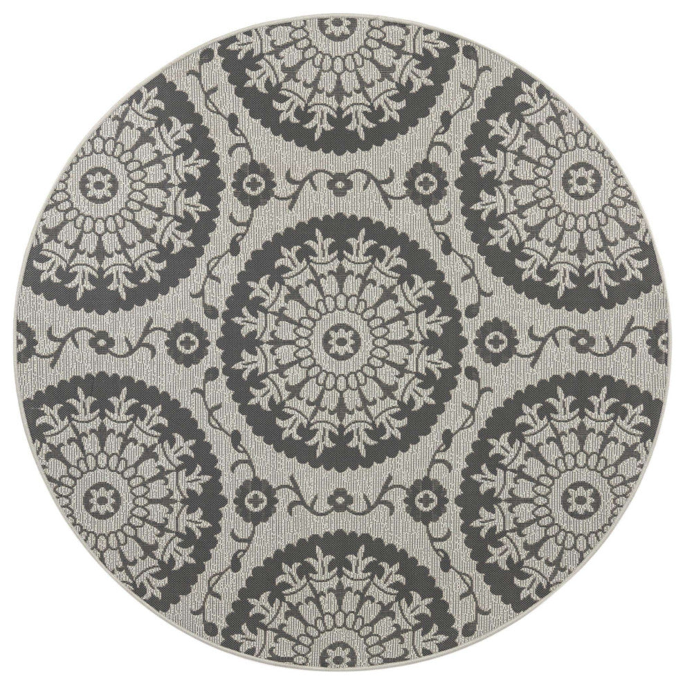 Rug Unique Loom Outdoor Botanical Gray Round 6' 0 x 6' 0