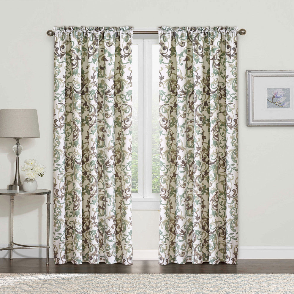 Ravello Scroll 2 Piece Curtain Set, Brown and Aqua, 60"x84"