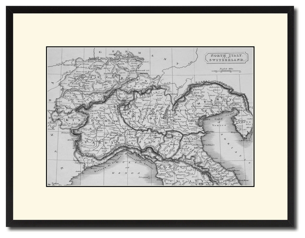 Northern Italy Vintage B&W Map Canvas Print, 16"x21"