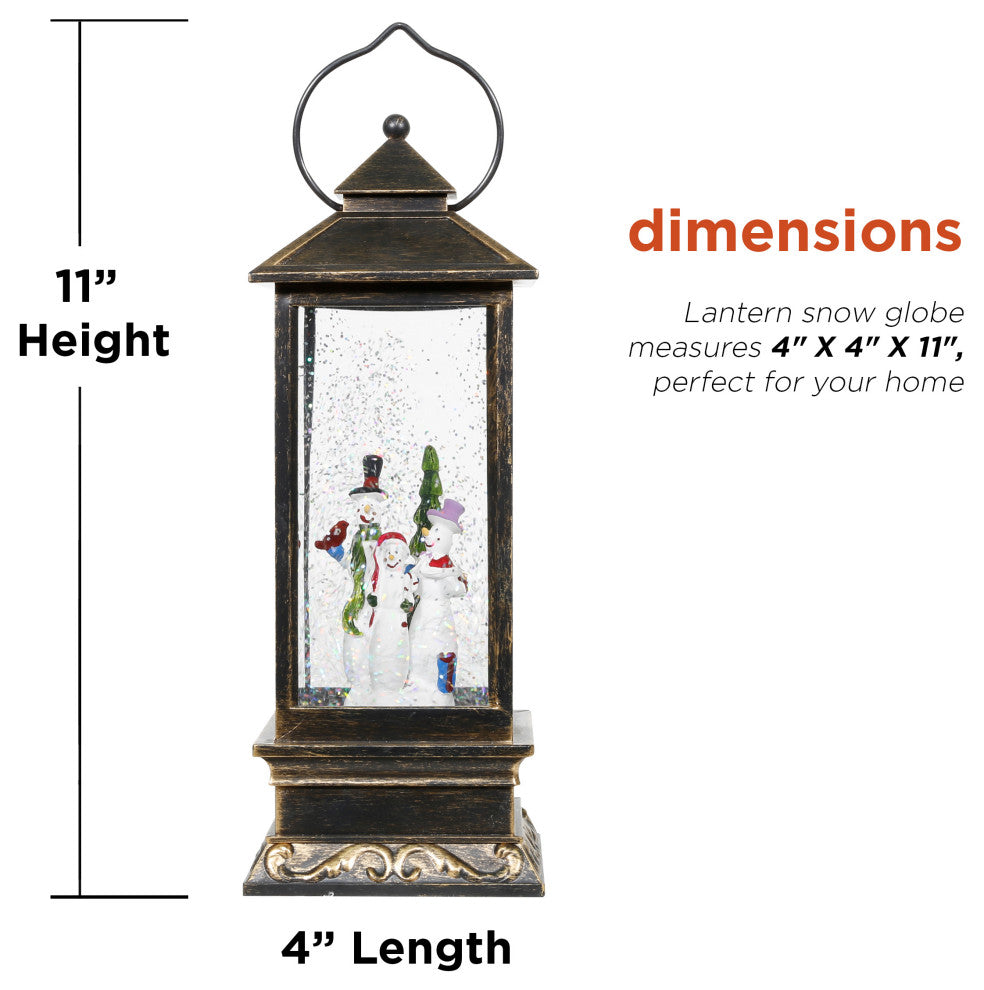 11"H Indoor Lantern Snowman Snow Globe Holiday Decoration with LED Light, Bronze