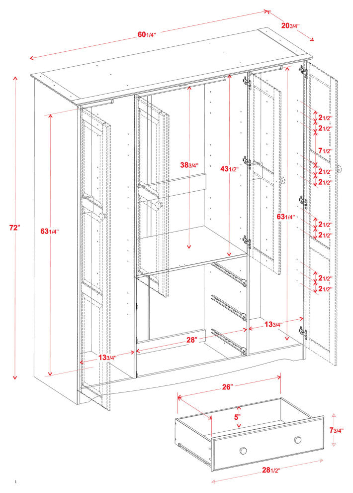100% Solid Wood Family Wardrobe Armoire, White