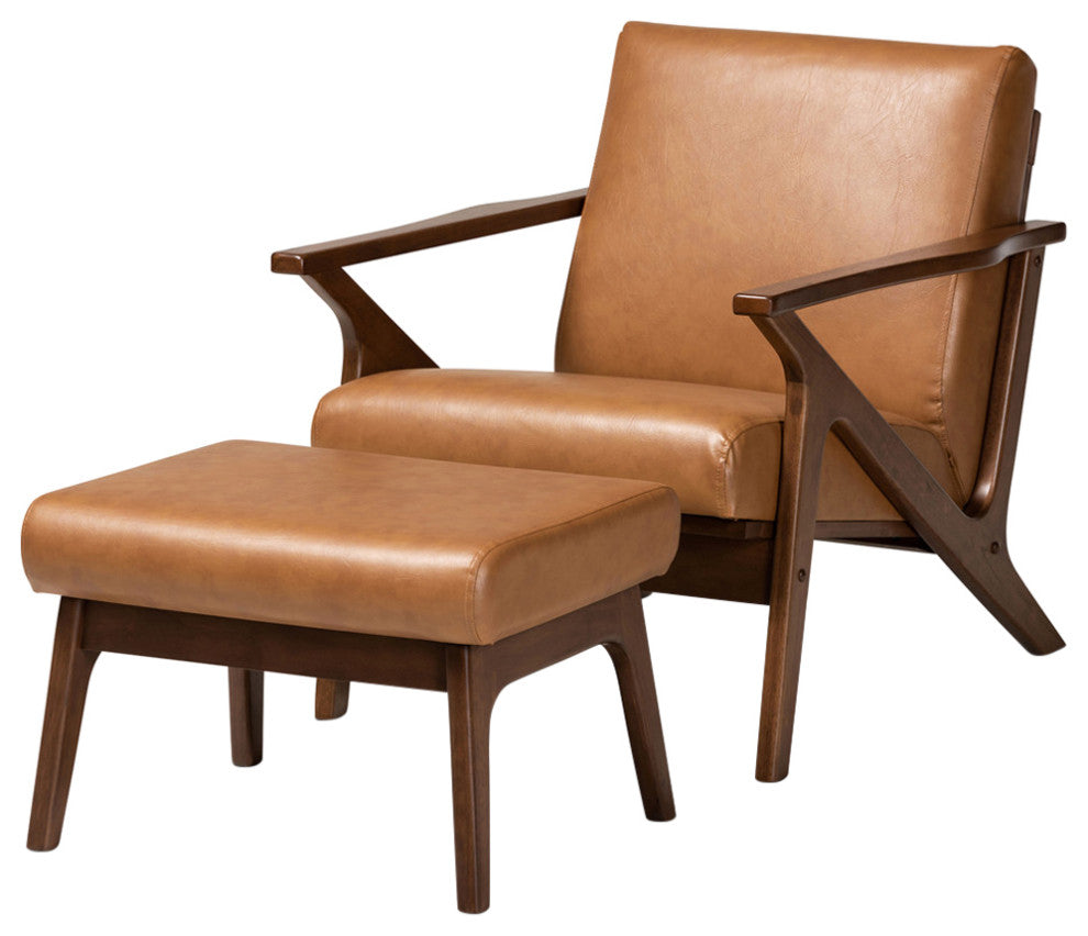 Bianca Mid-Century Modern Lounge Chair and Ottoman Set, Tan Faux Leather