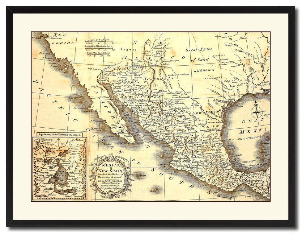 Mexico Vintage Antique Map Wall Art, 28"x37"