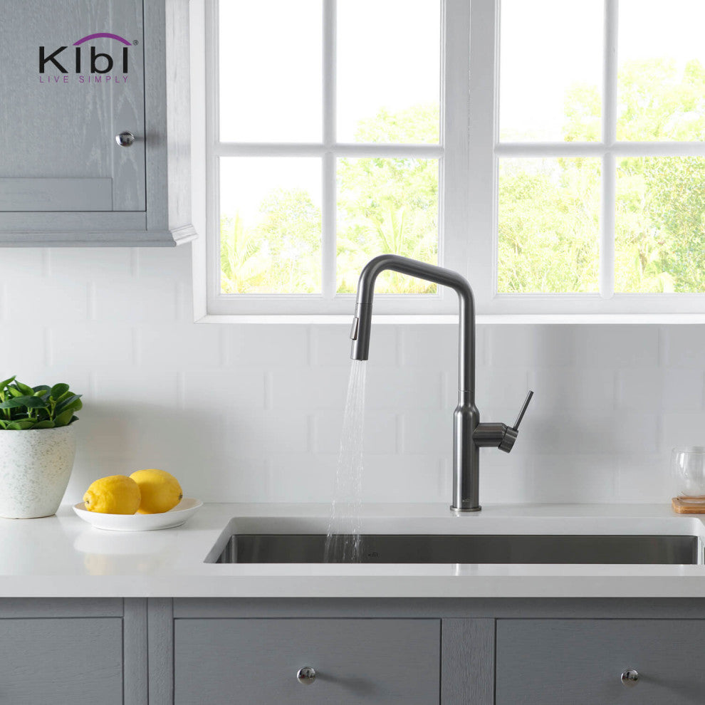 Macon Single Handle Pull Down Kitchen Faucet, Titanium, W/ Soap Dispenser