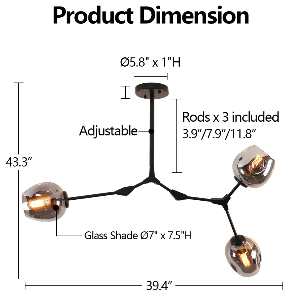 Modern Full-angle Adjustable Chandelier With Smoked Glass Shades, 3 Light
