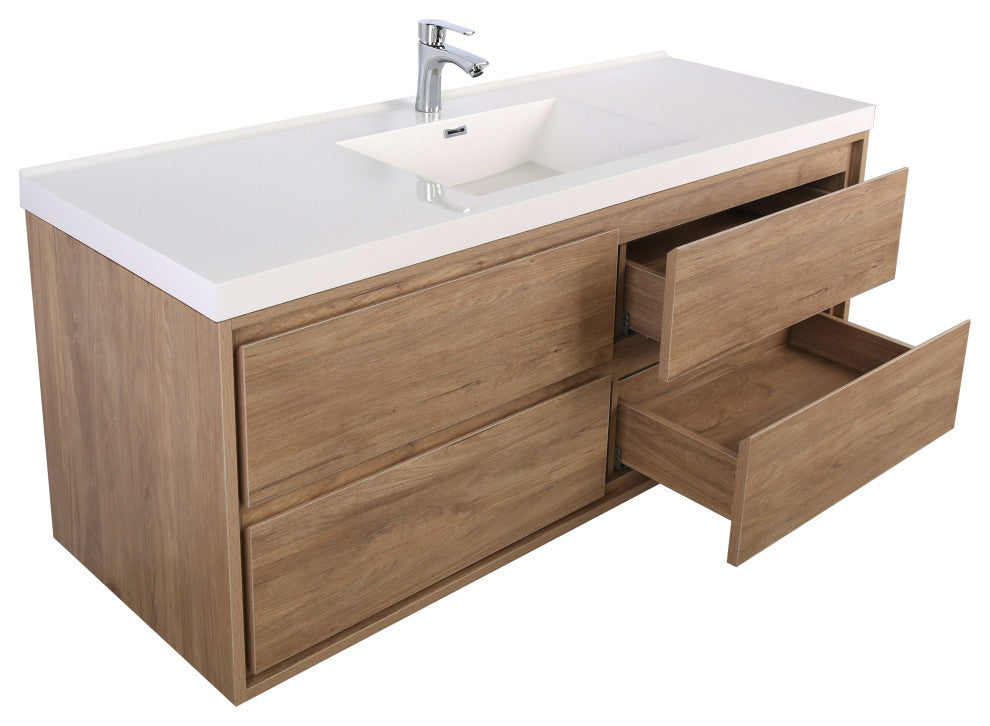 MOM 60" Wall Mounted Vanity With 4 Drawers and Acrylic Single Sink, Teak Oak