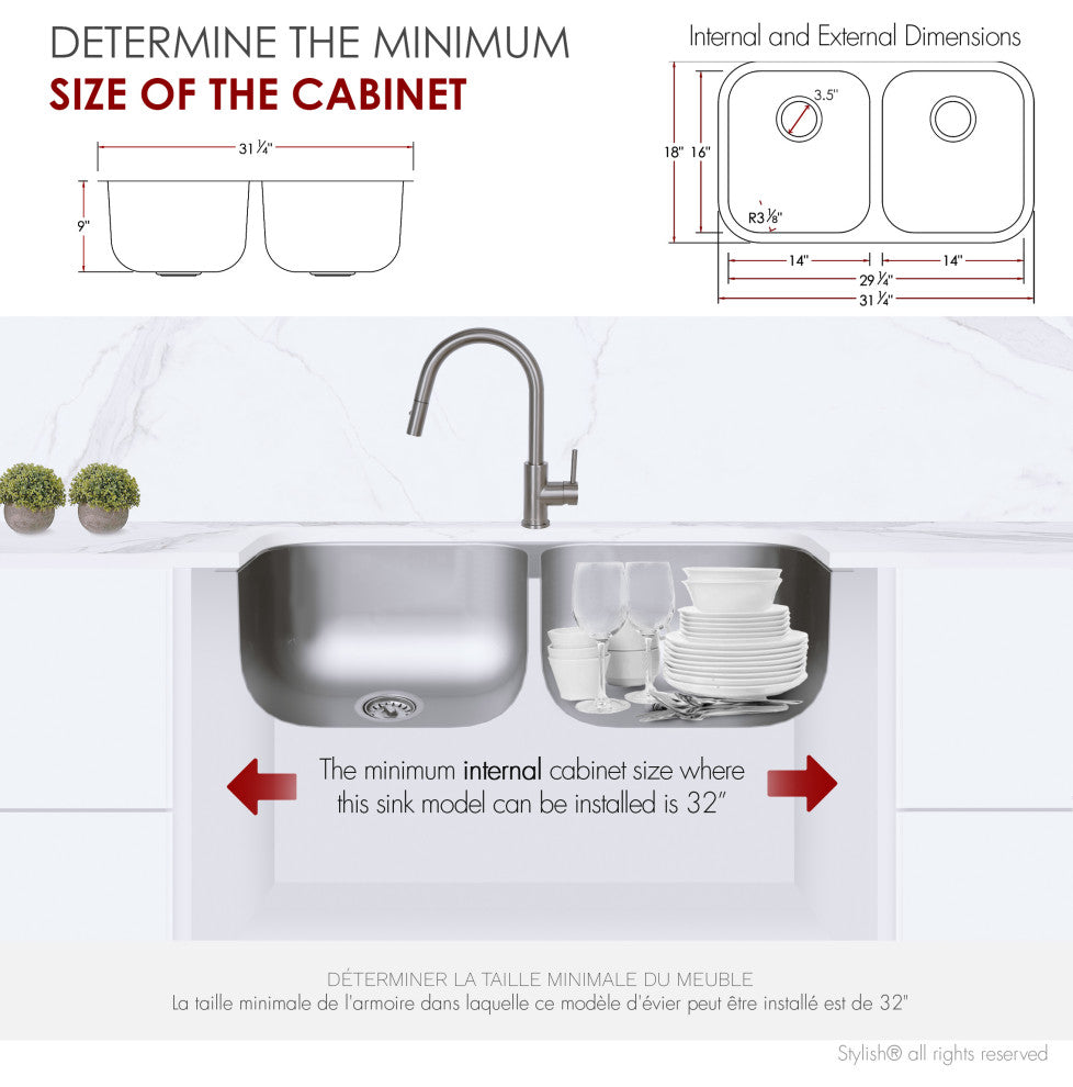 STYLISH Jaspel Dual Mount 32" Double-Bowl Stainless Steel Kitchen Sink