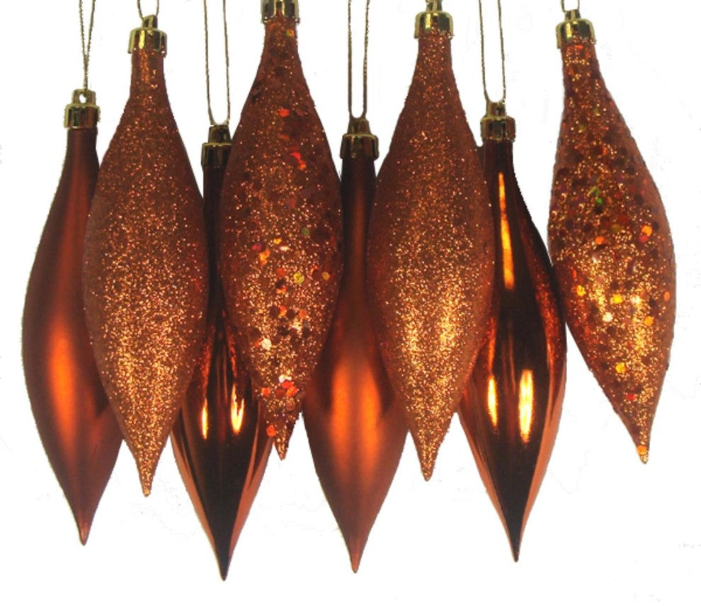 Burnt Orange Shatterproof 4-Finish Finial Drop Christmas Ornament, Set of 8