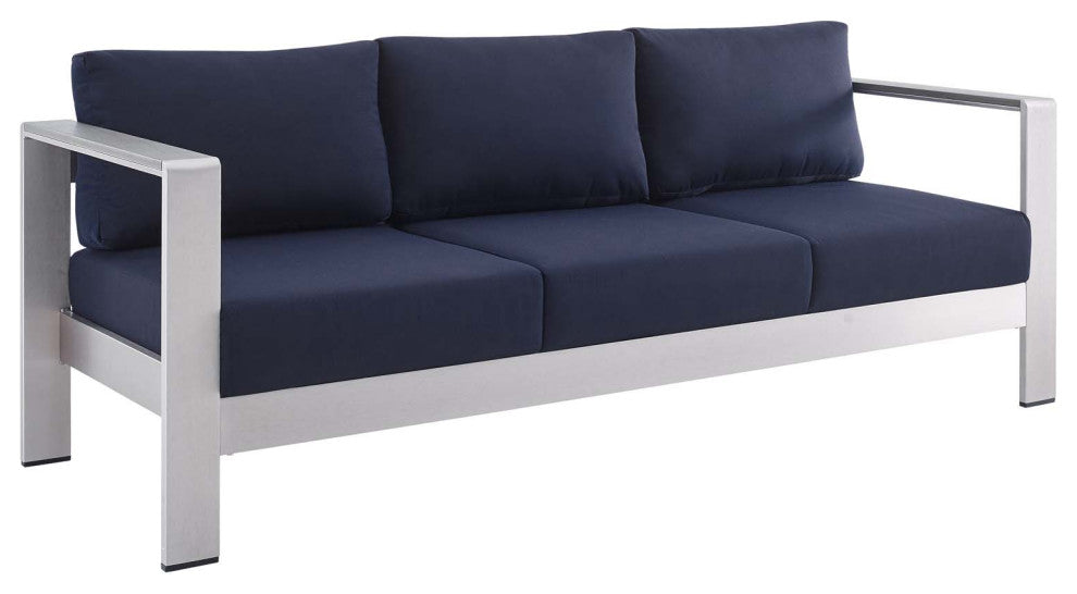 Shore Sunbrella Fabric Aluminum Outdoor Patio Sofa Silver Navy