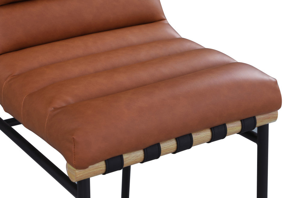 Burke Upholstered Bar Stool, Cognac, Vegan Leather, White Oak Veneer Metal Dowel