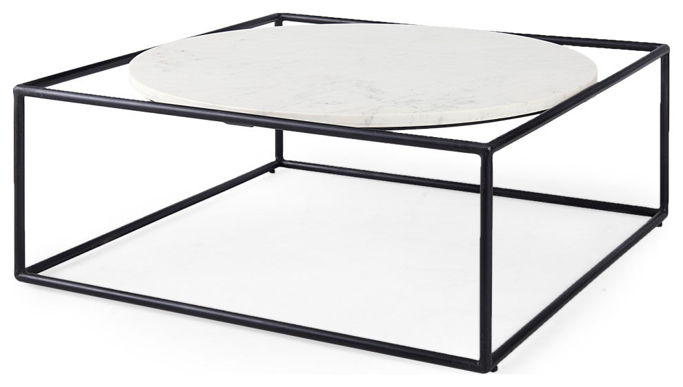 Austen 36Lx36Wx14H Round White Marble Top, Black Metal Frame Coffee Table