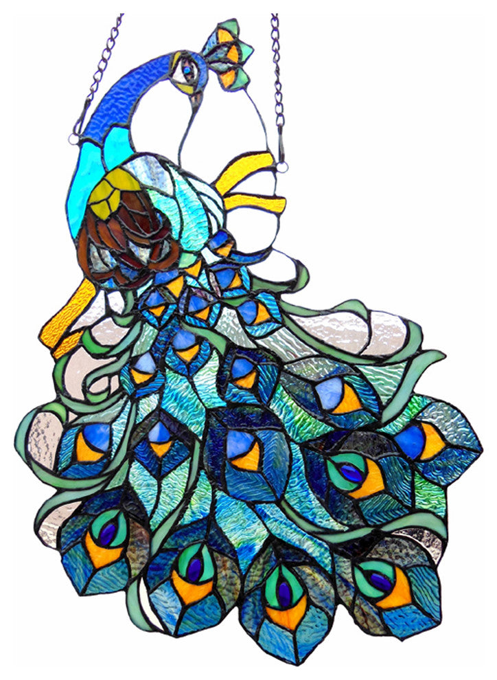 GLORY Tiffany-glass Peacock Window Panel 17x25