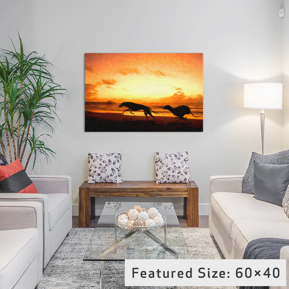 "Greyhounds On Beach At Sunset" Wrapped Canvas Print, 18x12x1.5