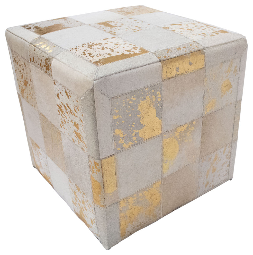 Decor Maisonette Gold Foil Hide Pouf Flynn, Ivory, 18"