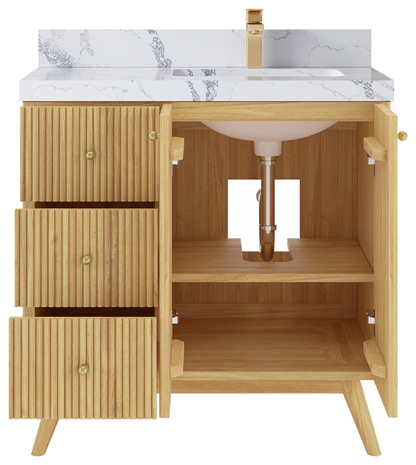 Pasadena 36" Right Offset Bath Vanity, Light Natural Teak 2" Calacatta Poanazzo