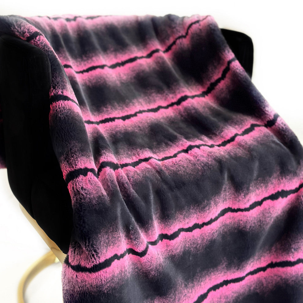 Plutus Fuchsia Black Fluffy Fields Faux Fur Throw Blanket, 90"L x 90"W Full