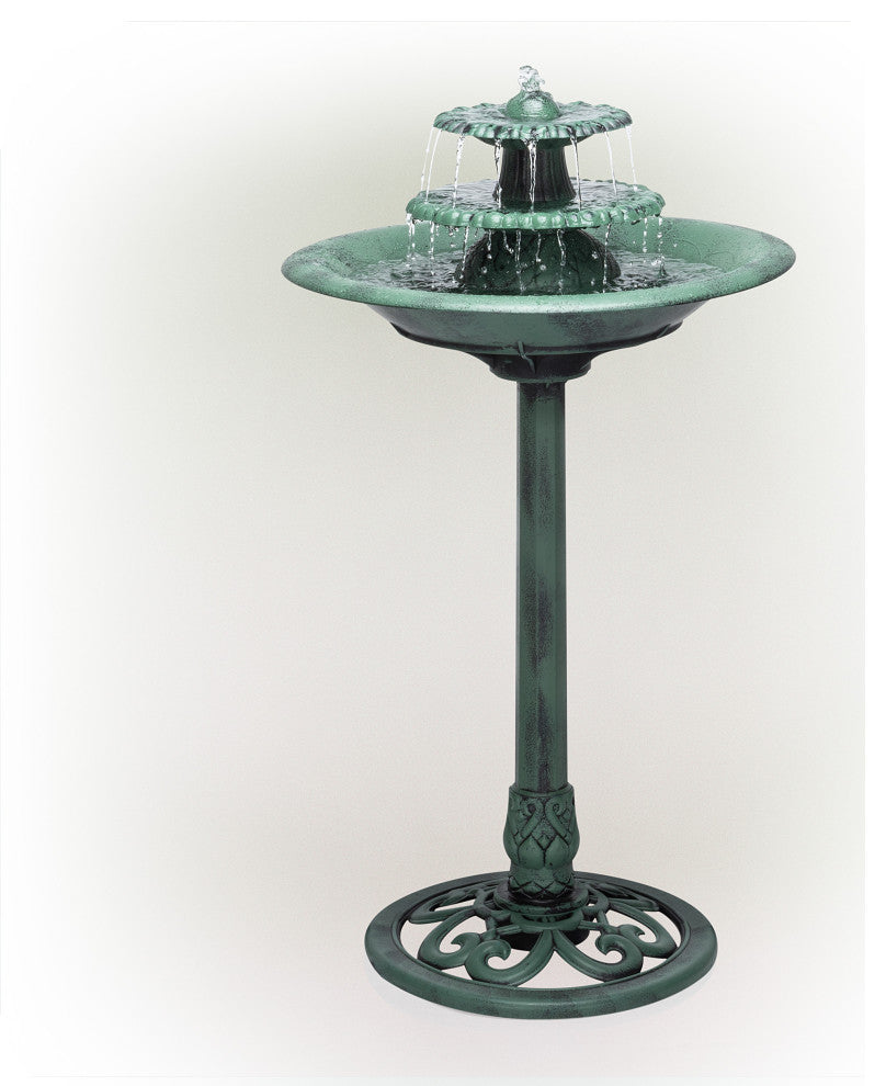 35" Tall Outdoor 3-Tiered Pedestal Water Fountain and Birdbath, Green