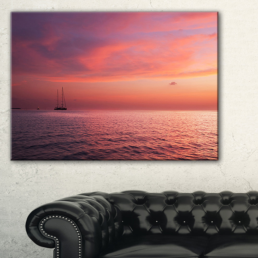 "Reddish Serene Maldives Seashore" Seascape Art Canvas, 32"x16"